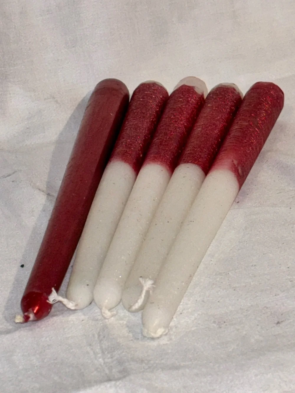 Holiday Taper Candles Set of 5 Red White Metallic Glitter 10” Christmas Decor